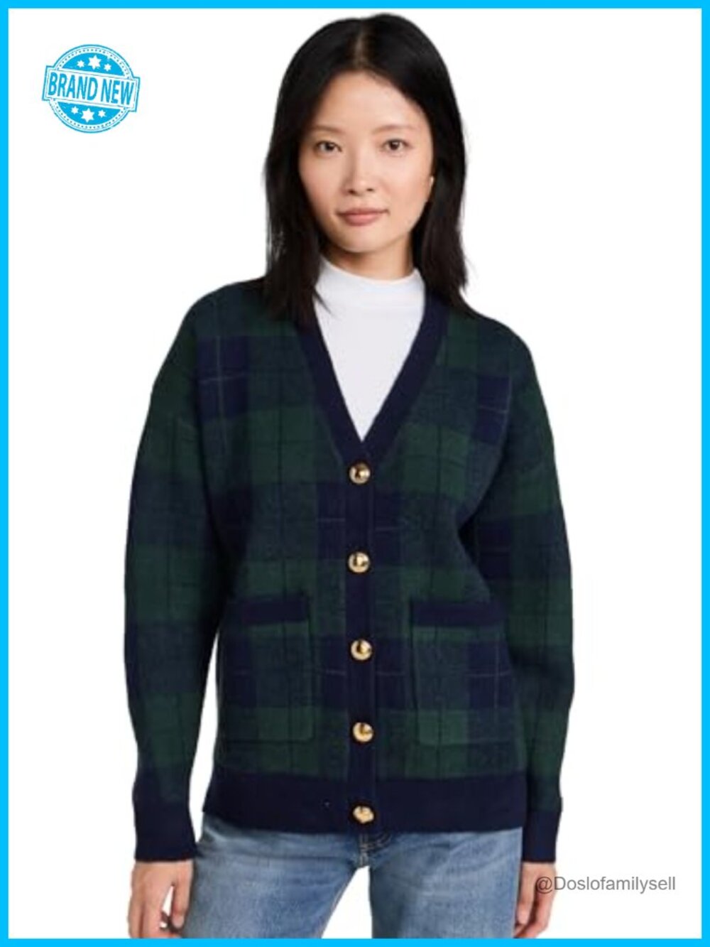 Check Cardigan Mid-Weight Knit V-Neck Button Loose Fit Long Sleeve
